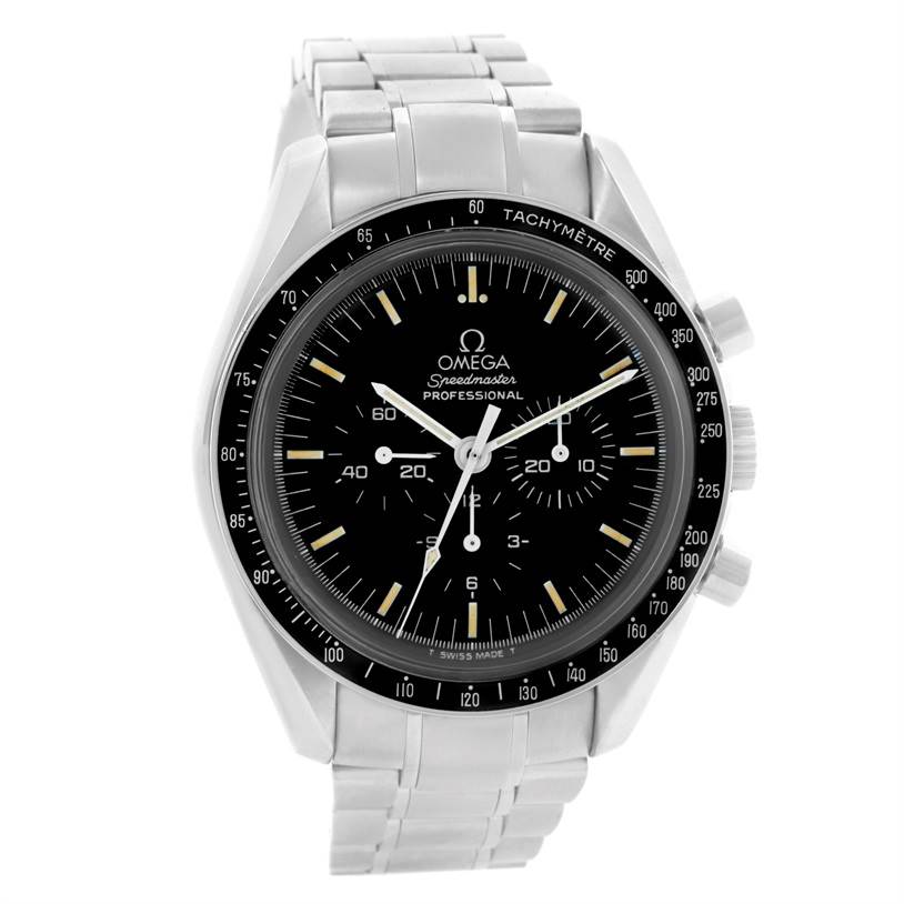 The image shows a front view of an Omega Speedmaster Men
s Stainless Steel Black Dial Men
s Stainless Steel Black Dial Professional
s dial and stainless steel bracelet.