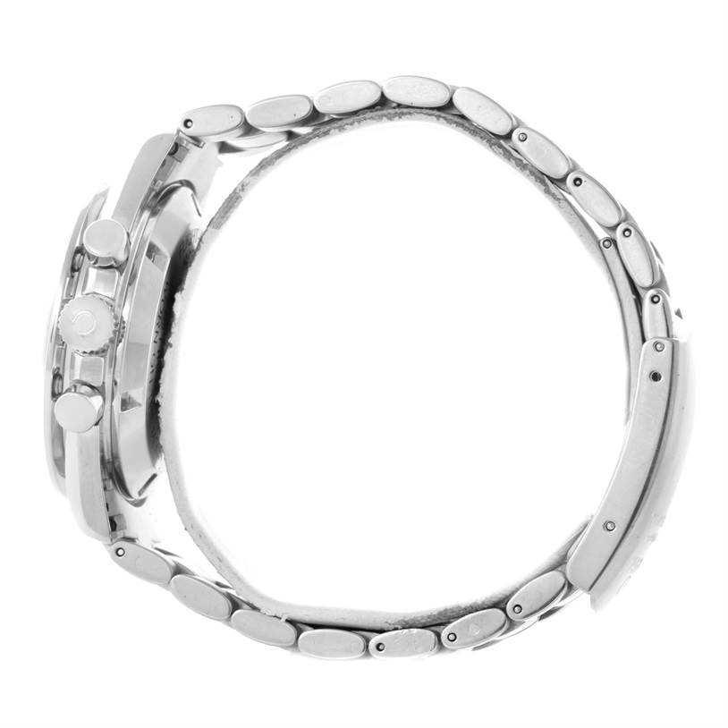 The Omega Speedmaster Men
s Stainless Steel Black Dial Men
s Stainless Steel Black Dial watch is shown from a side profile angle, displaying its metallic bracelet and case with pushers.