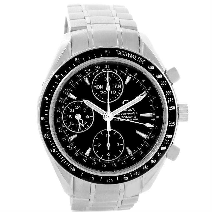 The image shows a front view of an Omega Speedmaster 3220.50.00 Men
s Stainless Steel Black Dial 3220.50.00 Men
s Stainless Steel Black Dial watch, highlighting its black dial, subdials, tachymeter bezel, and silver bracelet.