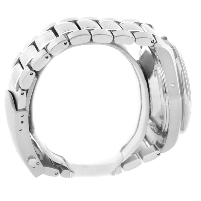 The image shows a side view of the Omega Speedmaster 3220.50.00 Men
s Stainless Steel Black Dial 3220.50.00 Men
s Stainless Steel Black Dial watch, displaying its metal bracelet and case.