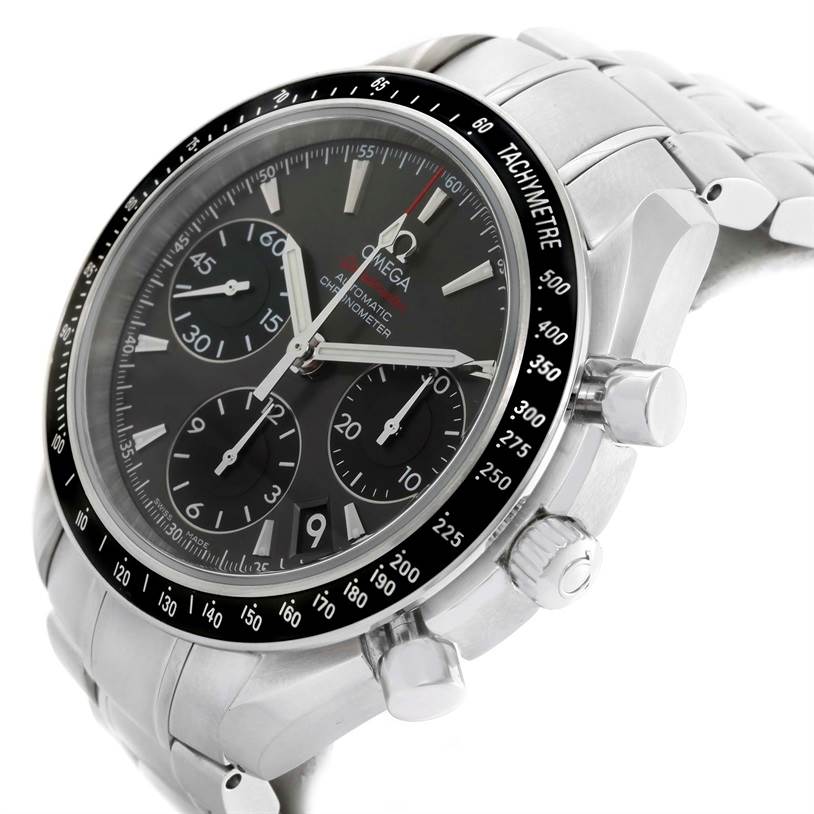 This image shows an Omega Speedmaster 323.30.40.40.06.001 Men
s Stainless Steel Black Dial 323.30.40.40.06.001 Men
s Stainless Steel Black Dial watch from a three-quarter angle, highlighting the face, tachymeter bezel, and stainless steel bracelet.