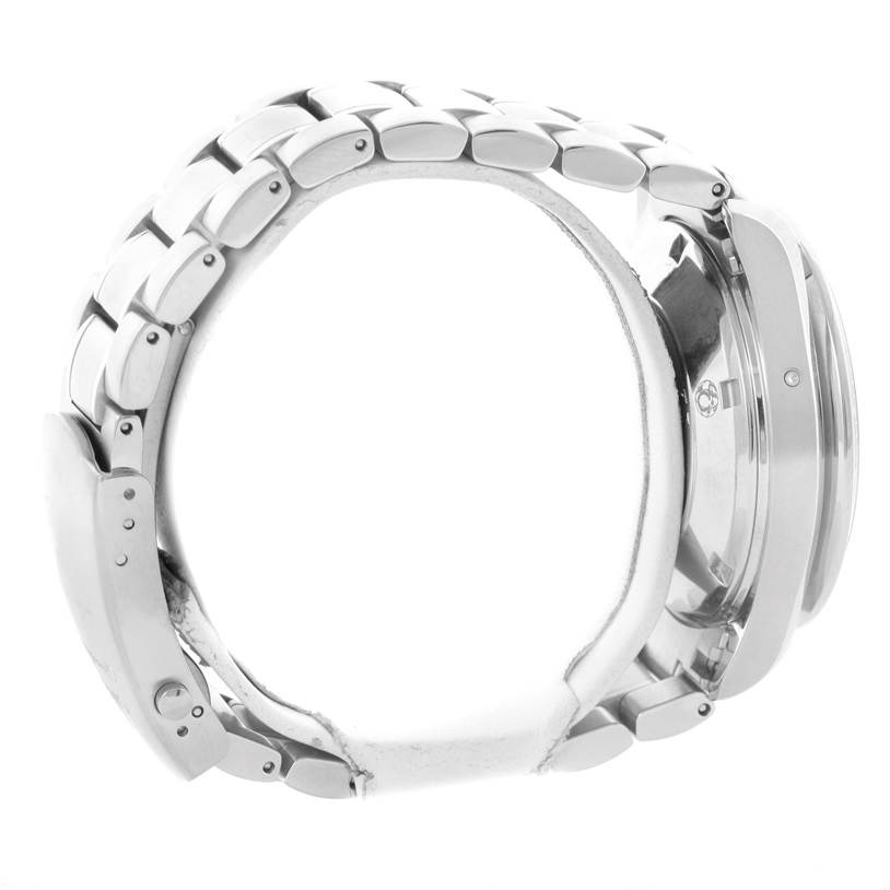 The image shows a side view of the Omega Speedmaster 323.30.40.40.06.001 Men
s Stainless Steel Black Dial 323.30.40.40.06.001 Men
s Stainless Steel Black Dial, highlighting its metallic bracelet and case.