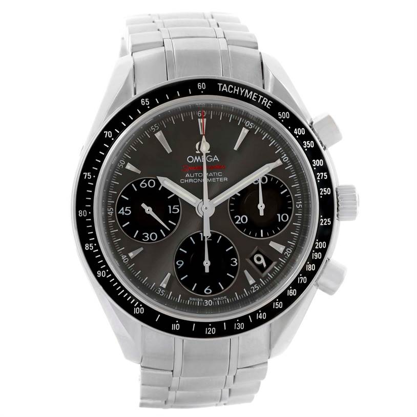 The image shows a front view of the Omega Speedmaster 323.30.40.40.06.001 Men
s Stainless Steel Black Dial 323.30.40.40.06.001 Men
s Stainless Steel Black Dial watch, featuring its dial, bezel, chronograph subdials, and bracelet.