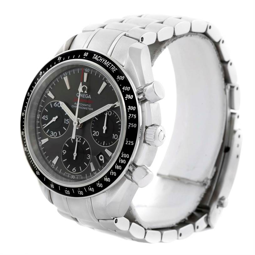 The image shows an Omega Speedmaster 323.30.40.40.06.001 Men
s Stainless Steel Black Dial 323.30.40.40.06.001 Men
s Stainless Steel Black Dial watch at a slight angle, highlighting the face, bezel, pushers, and bracelet.