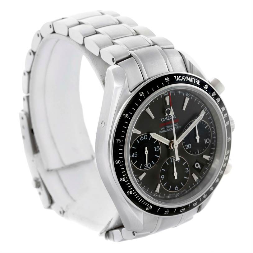 The image shows a side-angle view of an Omega Speedmaster 323.30.40.40.06.001 Men
s Stainless Steel Black Dial 323.30.40.40.06.001 Men
s Stainless Steel Black Dial watch, highlighting the bracelet, bezel, and face with chronograph functions.