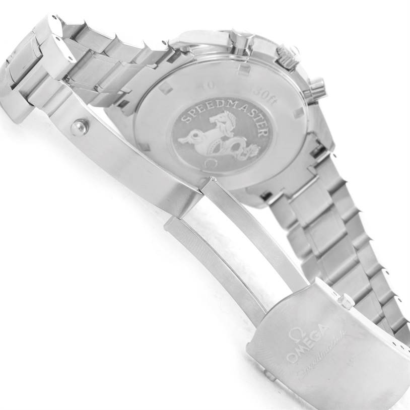 The image displays the back case and partly opened bracelet of an Omega Speedmaster 323.30.40.40.06.001 Men
s Stainless Steel Black Dial 323.30.40.40.06.001 Men
s Stainless Steel Black Dial watch, highlighting its logo and clasp.