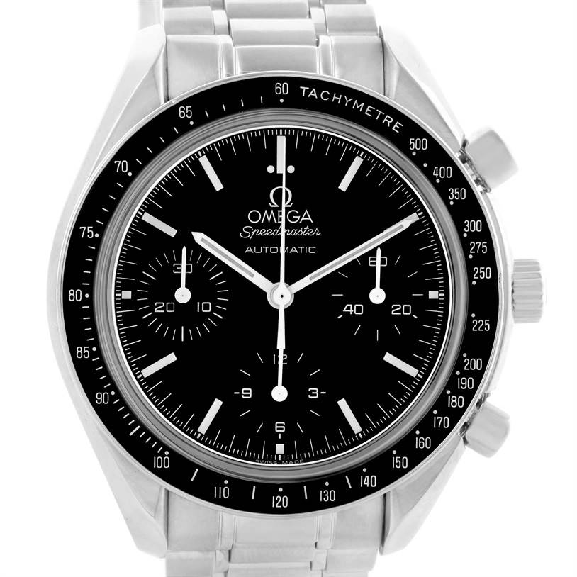 The image shows a front view of the Omega Speedmaster 3539.50.00 Men
s Stainless Steel Black Dial 3539.50.00 Men
s Stainless Steel Black Dial watch, highlighting its black dial, chronograph subdials, tachymeter bezel, and stainless steel bracelet.