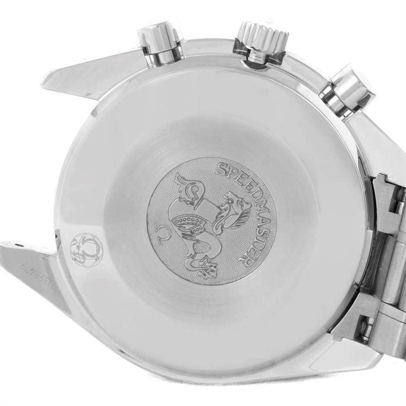 This image displays the back casing, crown, and pushers of an Omega Speedmaster 3539.50.00 Men
s Stainless Steel Black Dial 3539.50.00 Men
s Stainless Steel Black Dial watch.