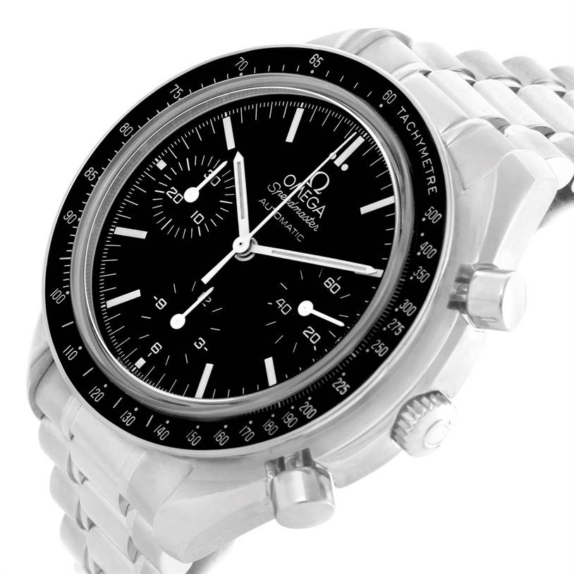 The image shows the dial, bezel, and side pushers of an Omega Speedmaster 3539.50.00 Men
s Stainless Steel Black Dial 3539.50.00 Men
s Stainless Steel Black Dial watch, viewed from a slight angle.