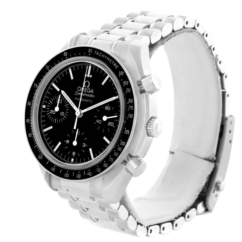 The image shows a side angle of the Omega Speedmaster 3539.50.00 Men
s Stainless Steel Black Dial 3539.50.00 Men
s Stainless Steel Black Dial watch displaying the face, bezel, crown, and part of the metal bracelet.