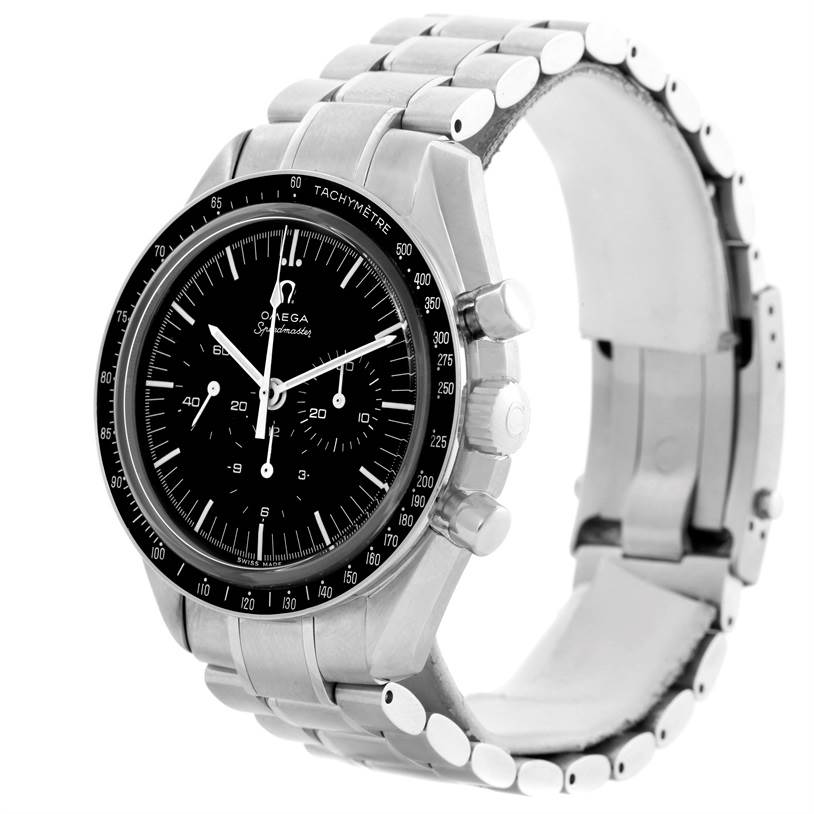 The Omega Speedmaster 3573.50.00 Men
s Stainless Steel Black Dial 3573.50.00 Men
s Stainless Steel Black Dial watch is shown at a three-quarter angle, displaying the face, bezel, pushers, crown, and bracelet.