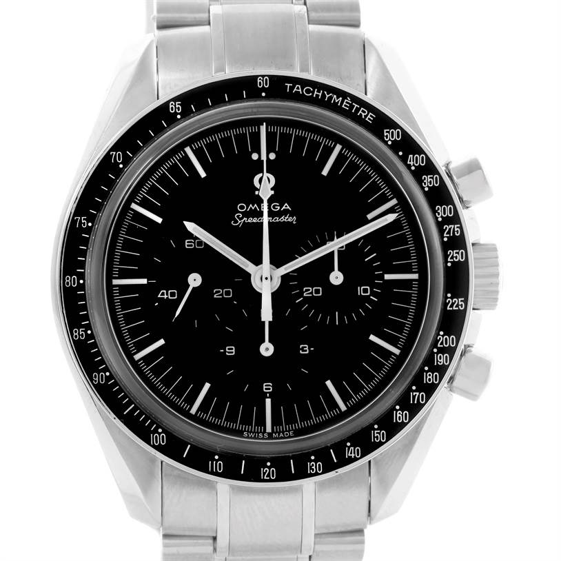 The image shows a front view of an Omega Speedmaster 3573.50.00 Men
s Stainless Steel Black Dial 3573.50.00 Men
s Stainless Steel Black Dial watch, displaying the dial, bezel, and steel bracelet.