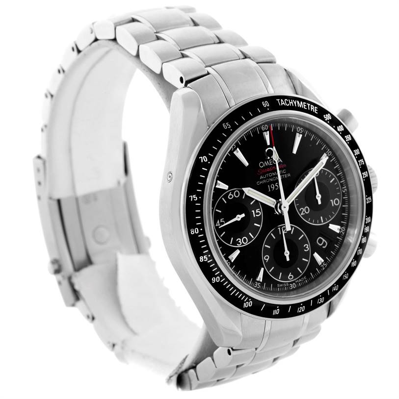 The Omega Speedmaster 323.30.40.40.01.001 Men
s Stainless Steel Black Dial 323.30.40.40.01.001 Men
s Stainless Steel Black Dial watch is shown at a slight angle, displaying its face, bezel, chronograph dials, and bracelet.