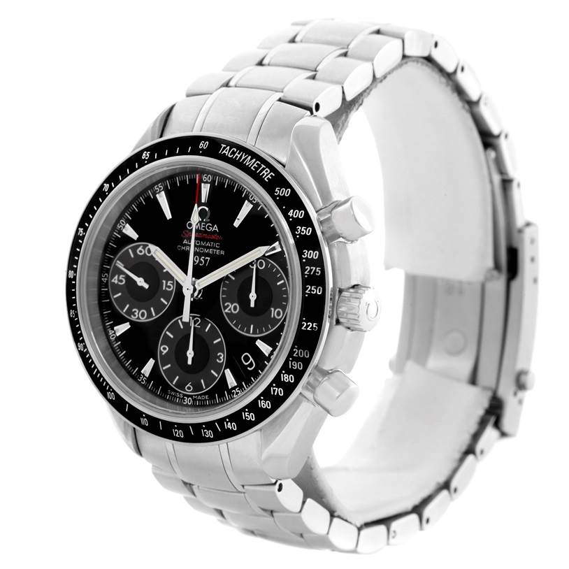 The image shows an Omega Speedmaster 323.30.40.40.01.001 Men
s Stainless Steel Black Dial 323.30.40.40.01.001 Men
s Stainless Steel Black Dial watch at a three-quarter angle, highlighting the face, bezel, crown, pushers, and bracelet.