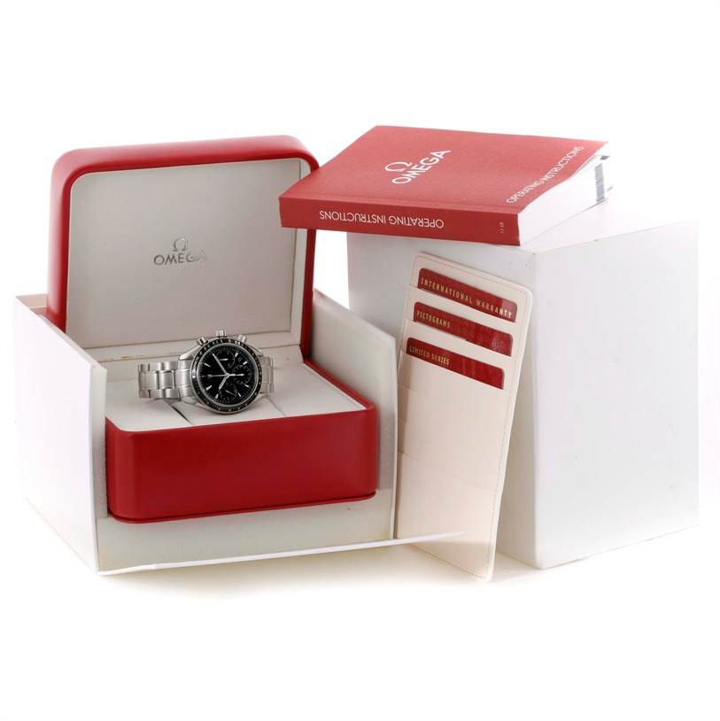 The Omega Speedmaster 323.30.40.40.01.001 Men
s Stainless Steel Black Dial 323.30.40.40.01.001 Men
s Stainless Steel Black Dial watch is displayed in an open red box, accompanied by warranty cards and an operating manual.