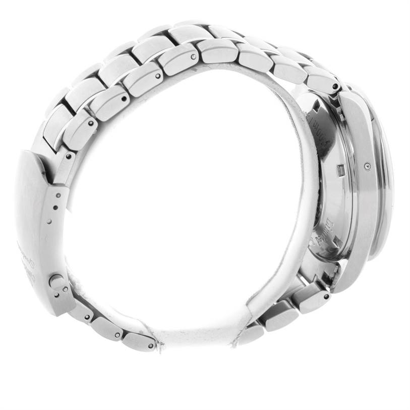 The image shows a side view of an Omega Speedmaster 323.30.40.40.01.001 Men
s Stainless Steel Black Dial 323.30.40.40.01.001 Men
s Stainless Steel Black Dial watch, focusing on its metal bracelet and side profile of the case.