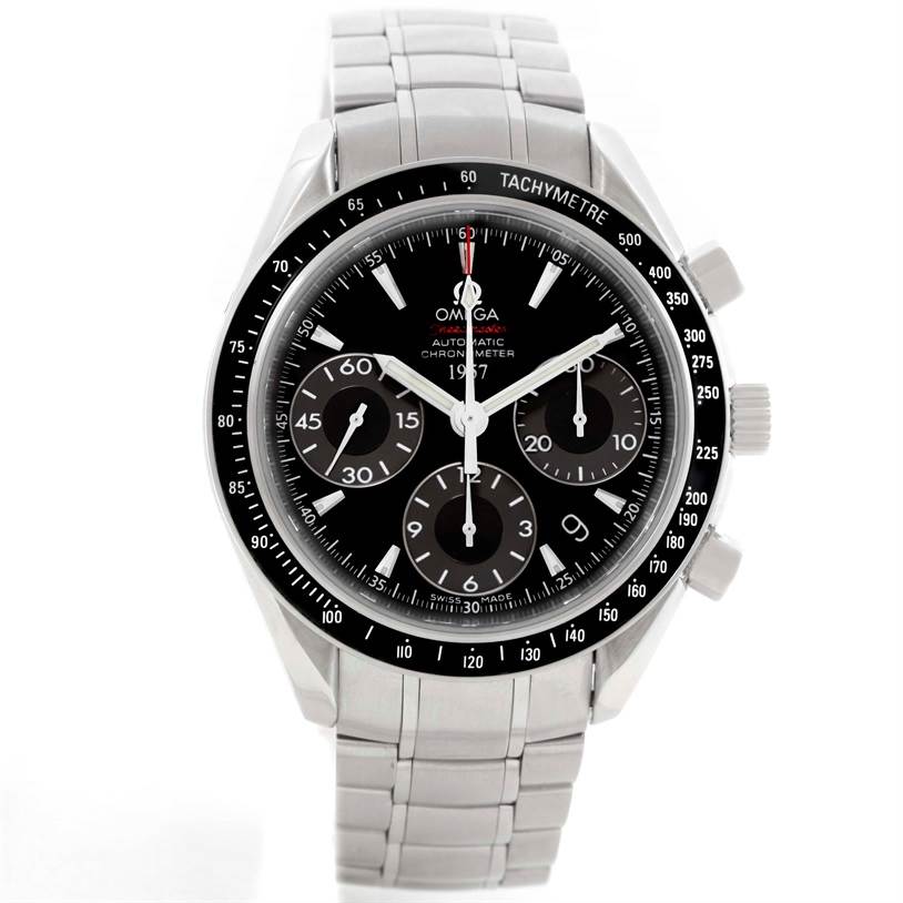 The Omega Speedmaster 323.30.40.40.01.001 Men
s Stainless Steel Black Dial 323.30.40.40.01.001 Men
s Stainless Steel Black Dial watch is shown from the front, displaying its dial, bezel, chronograph subdials, and stainless steel bracelet.