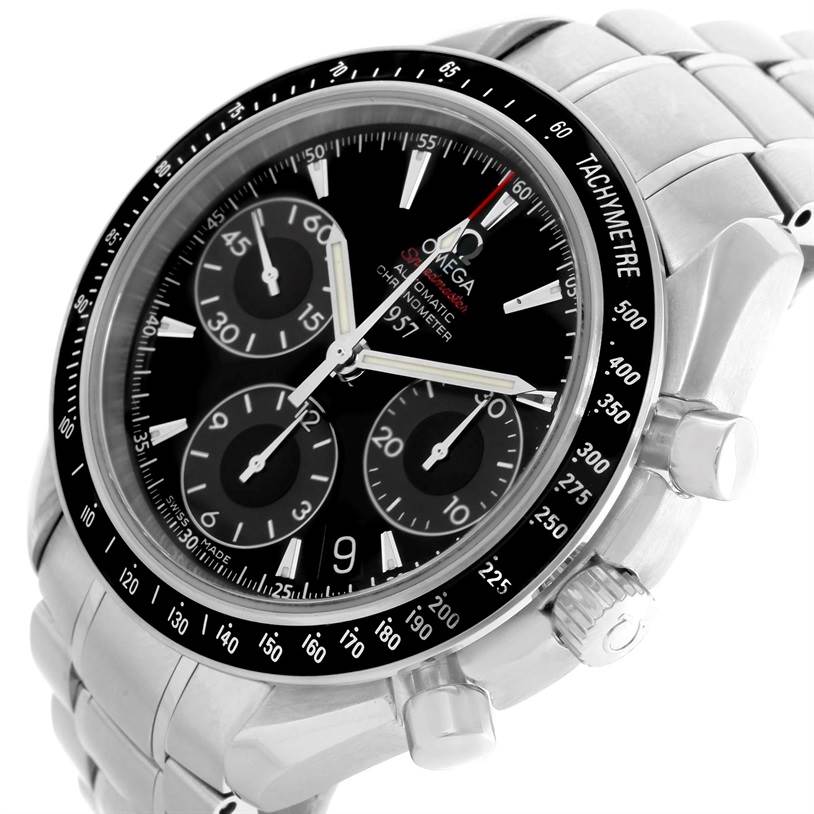 The image shows an Omega Speedmaster 323.30.40.40.01.001 Men
s Stainless Steel Black Dial 323.30.40.40.01.001 Men
s Stainless Steel Black Dial watch at an angled view, highlighting the dial, tachymeter bezel, and chronograph pushers.