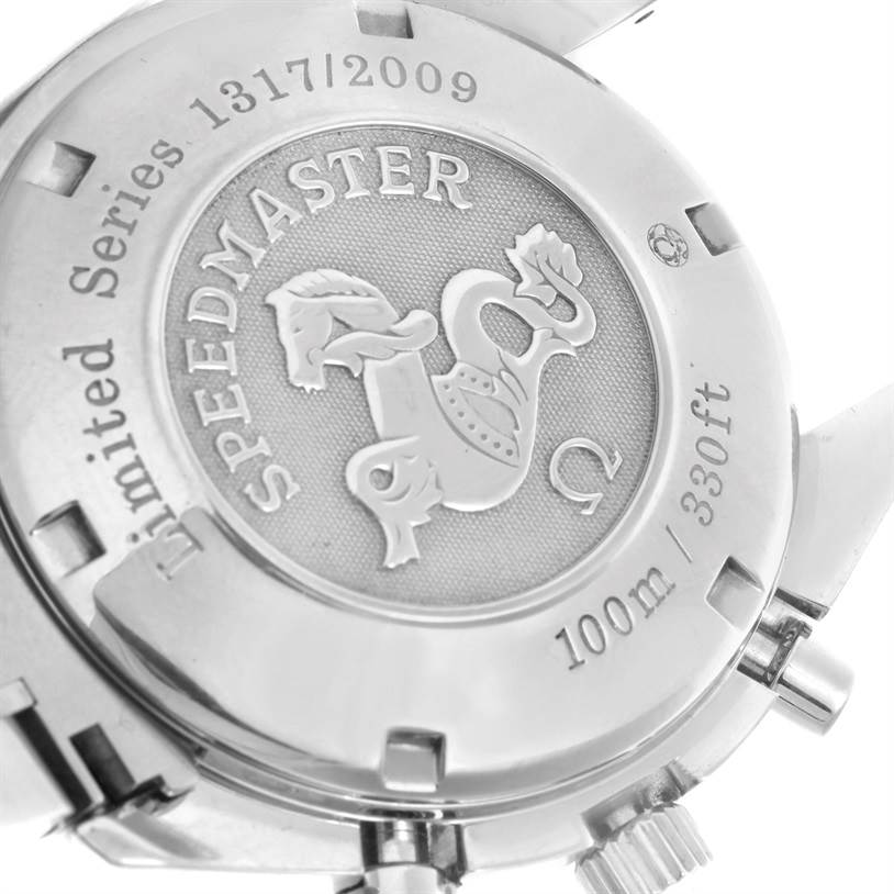 The image shows the back case of an Omega Speedmaster 323.30.40.40.01.001 Men
s Stainless Steel Black Dial 323.30.40.40.01.001 Men
s Stainless Steel Black Dial watch, highlighting its engraved details and limited series numbering.