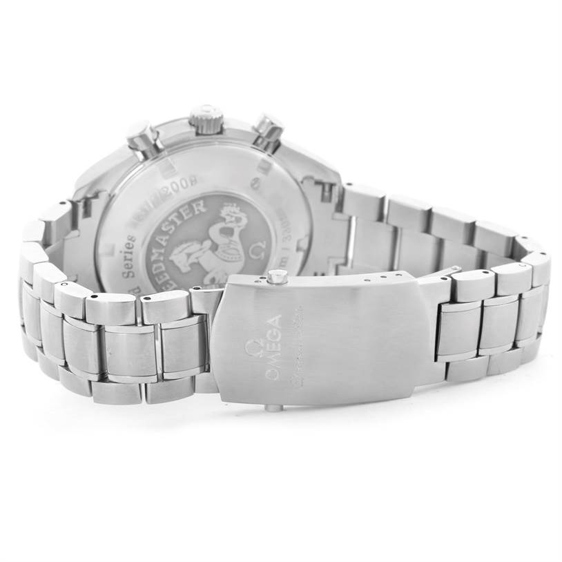 This image shows the Omega Speedmaster 323.30.40.40.01.001 Men
s Stainless Steel Black Dial 323.30.40.40.01.001 Men
s Stainless Steel Black Dial watch from a rear angle, highlighting its case back and bracelet clasp.