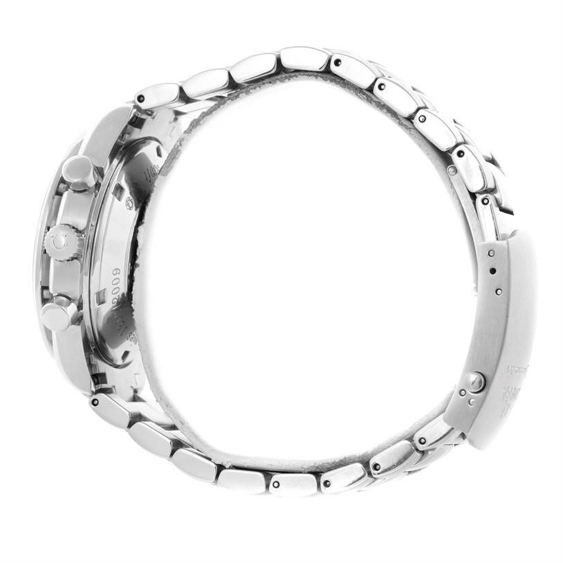 The image shows a side view of an Omega Speedmaster 323.30.40.40.01.001 Men
s Stainless Steel Black Dial 323.30.40.40.01.001 Men
s Stainless Steel Black Dial watch focusing on the bracelet, crown, and chronograph buttons.