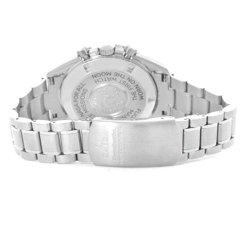 This image shows the back case and bracelet of an Omega Speedmaster 3570.50.00 Men
s Stainless Steel Black Dial 3570.50.00 Men
s Stainless Steel Black Dial watch from a rear angle.