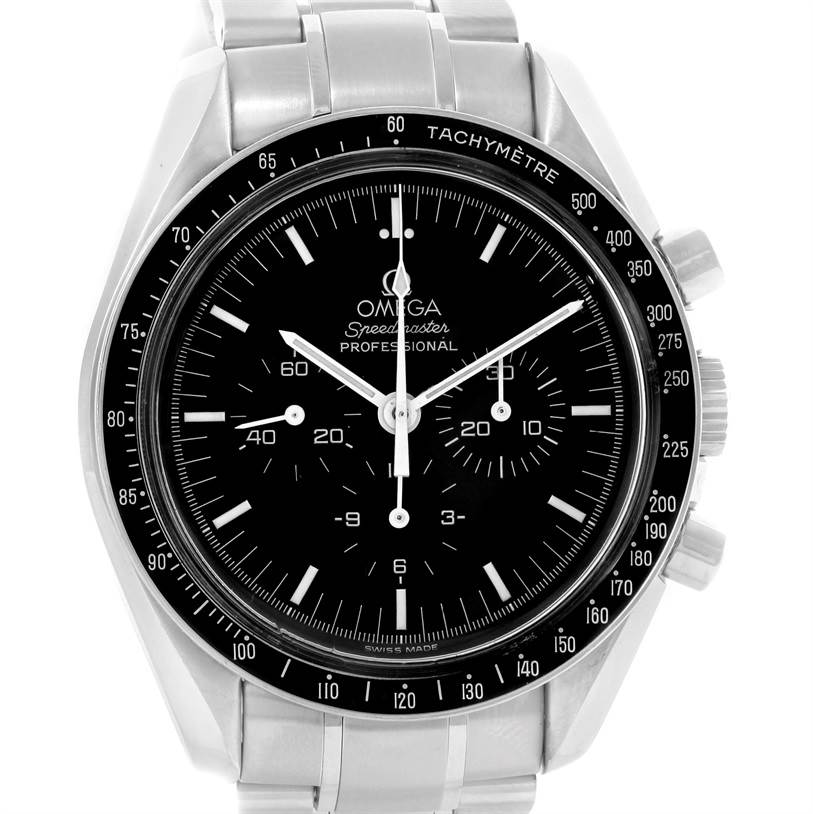 The Omega Speedmaster 3570.50.00 Men
s Stainless Steel Black Dial 3570.50.00 Men
s Stainless Steel Black Dial watch is shown from a front angle, displaying its dial, tachymeter bezel, and stainless steel bracelet.