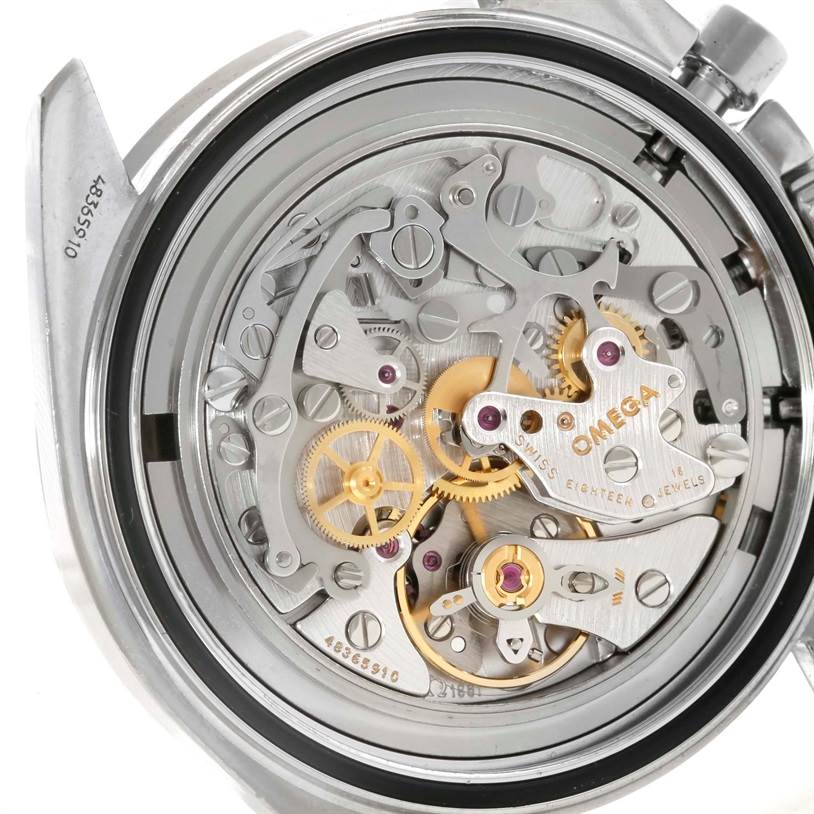 The image shows the internal mechanism and movement of the Omega Speedmaster 3570.50.00 Men
s Stainless Steel Black Dial 3570.50.00 Men
s Stainless Steel Black Dial watch from a back view angle.