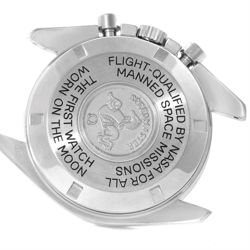 This image shows the case back and crown of the Omega Speedmaster 3570.50.00 Men
s Stainless Steel Black Dial 3570.50.00 Men
s Stainless Steel Black Dial watch, highlighting the engraved text and logo.