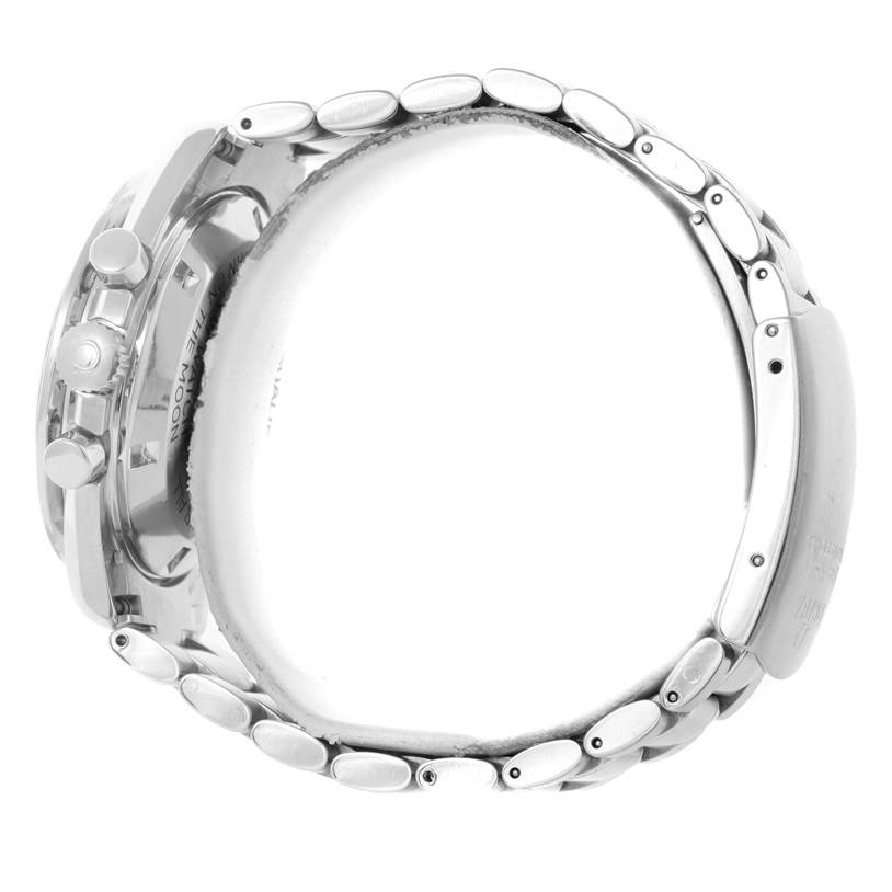 The Omega Speedmaster 3570.50.00 Men
s Stainless Steel Black Dial 3570.50.00 Men
s Stainless Steel Black Dial watch is shown from a side angle, highlighting the bracelet and side buttons.