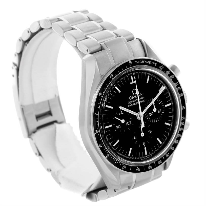 The image shows a side angle view of the Omega Speedmaster 3570.50.00 Men
s Stainless Steel Black Dial 3570.50.00 Men
s Stainless Steel Black Dial watch, highlighting the black dial, tachymeter bezel, and stainless steel strap.