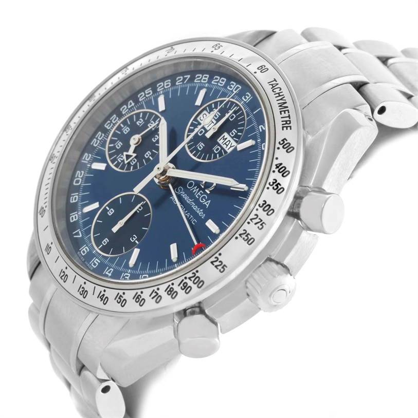 This Omega Speedmaster 3523.80.00 Men
s Stainless Steel Blue Dial 3523.80.00 Men
s Stainless Steel Blue Dial watch is shown from a tilted angle, highlighting the face, bezel, chronograph dials, and part of the bracelet.