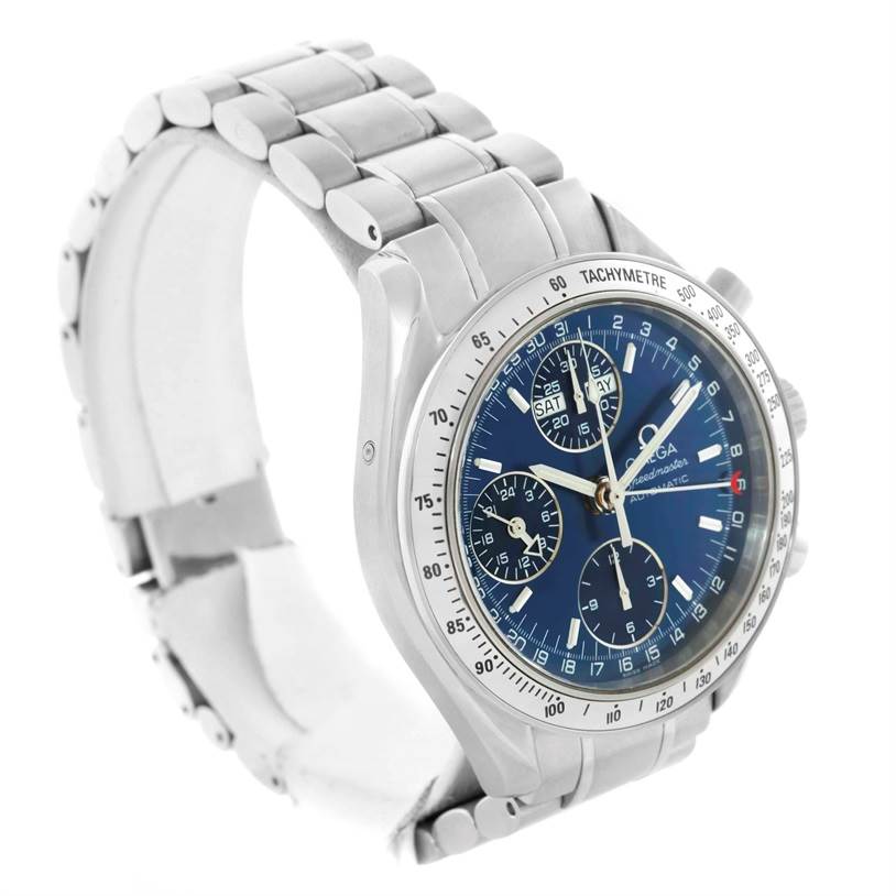 This Omega Speedmaster 3523.80.00 Men
s Stainless Steel Blue Dial 3523.80.00 Men
s Stainless Steel Blue Dial watch is shown at a slight angle, highlighting the face, bezel, and bracelet.