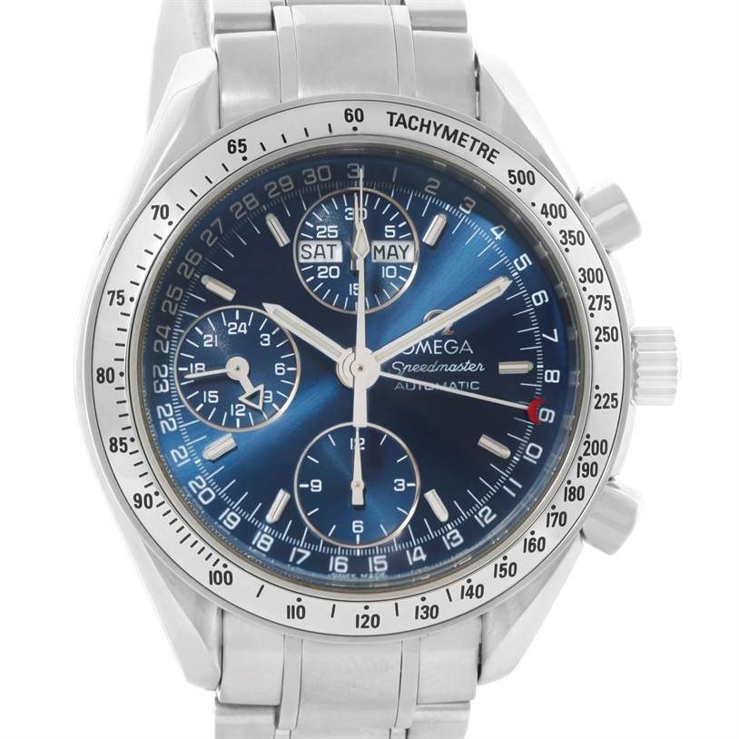 This image shows a frontal view of the Omega Speedmaster 3523.80.00 Men
s Stainless Steel Blue Dial 3523.80.00 Men
s Stainless Steel Blue Dial watch, displaying the dial, chronograph functions, and bracelet.