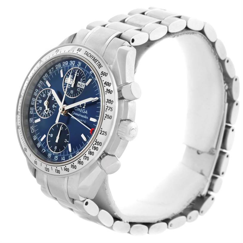 The image shows an Omega Speedmaster 3523.80.00 Men
s Stainless Steel Blue Dial 3523.80.00 Men
s Stainless Steel Blue Dial watch from a side angle, highlighting the bezel, dial, and metallic bracelet.