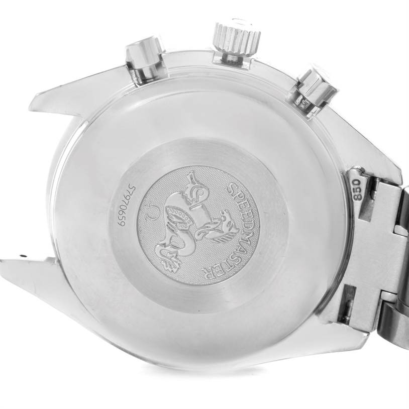 The image shows the case back, lugs, crown, and pushers of an Omega Speedmaster 3523.80.00 Men
s Stainless Steel Blue Dial 3523.80.00 Men
s Stainless Steel Blue Dial watch.