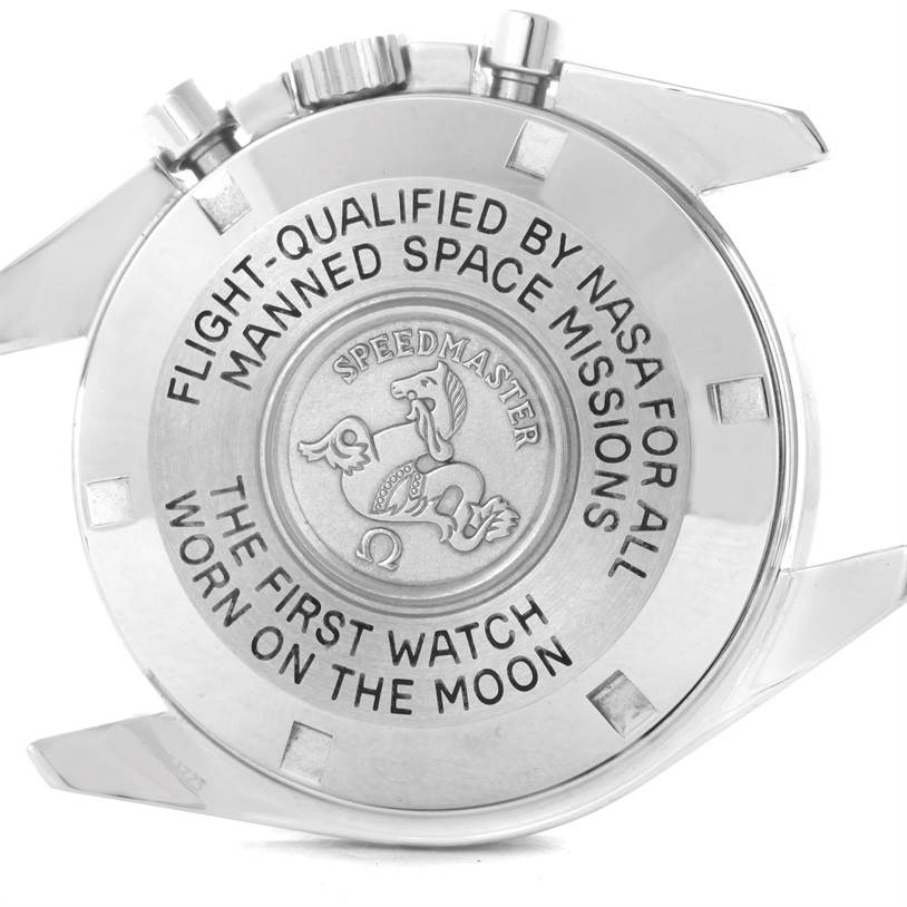 The image shows the back case of an Omega Speedmaster 3570.50.00 Men
s Stainless Steel Black Dial 3570.50.00 Men
s Stainless Steel Black Dial, highlighting NASA qualifications and moon landing achievements.
