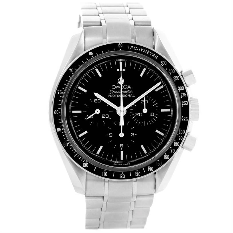 The Omega Speedmaster 3570.50.00 Men
s Stainless Steel Black Dial 3570.50.00 Men
s Stainless Steel Black Dial watch shown is photographed from the front, highlighting its dial, bezel, and bracelet.