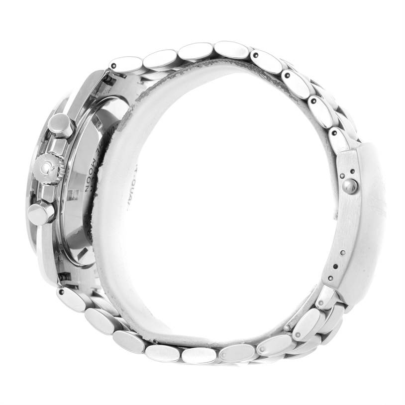 The image shows a side view of the Omega Speedmaster 3570.50.00 Men
s Stainless Steel Black Dial 3570.50.00 Men
s Stainless Steel Black Dial watch, highlighting its chronograph pushers, crown, and metal bracelet.