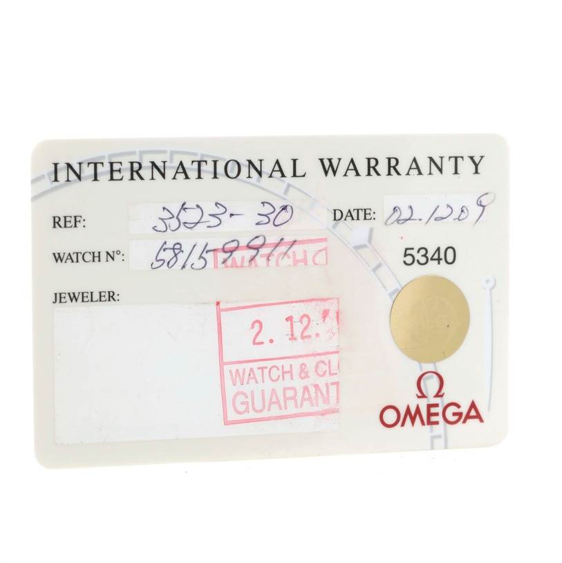 This image shows the international warranty card for the Omega Speedmaster 3523.30.00 Men
s Stainless Steel Silver Dial 3523.30.00 Men
s Stainless Steel Silver Dial watch model.