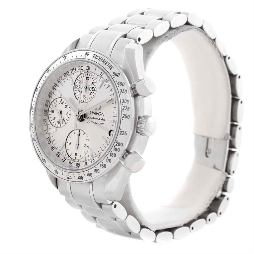 The image shows a three-quarter view of the Omega Speedmaster 3523.30.00 Men
s Stainless Steel Silver Dial 3523.30.00 Men
s Stainless Steel Silver Dial watch, highlighting the dial, bezel, pushers, crown, and metal bracelet.
