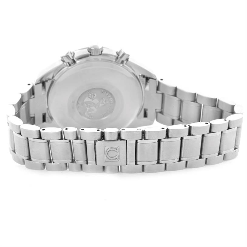 The image displays the back and clasp of the Omega Speedmaster 3523.30.00 Men
s Stainless Steel Silver Dial 3523.30.00 Men
s Stainless Steel Silver Dial, showing its stainless steel bracelet and case back.