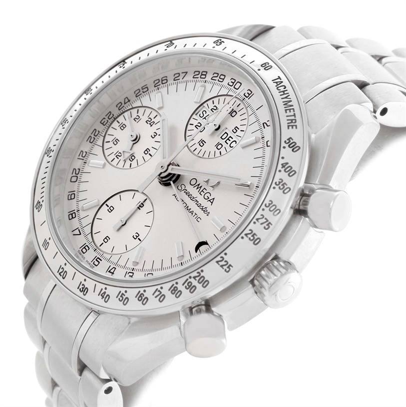 This image shows an Omega Speedmaster 3523.30.00 Men
s Stainless Steel Silver Dial 3523.30.00 Men
s Stainless Steel Silver Dial watch at a slight side angle, highlighting the watch face, tachymeter, and metal bracelet.