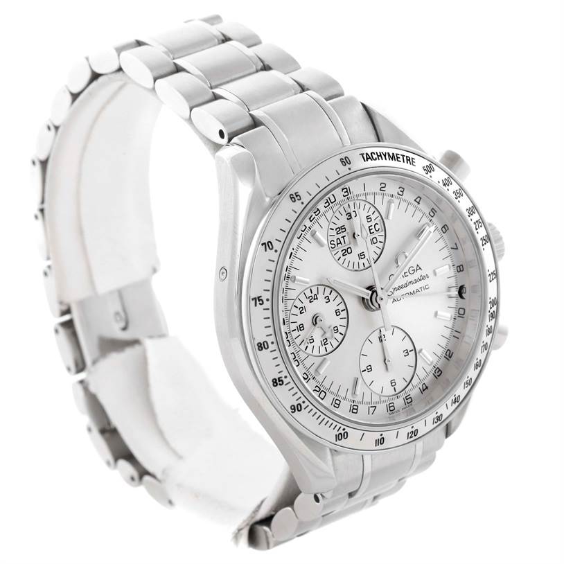 The image shows an angled view of the Omega Speedmaster 3523.30.00 Men
s Stainless Steel Silver Dial 3523.30.00 Men
s Stainless Steel Silver Dial watch, highlighting the face, tachymeter, sub-dials, and bracelet.