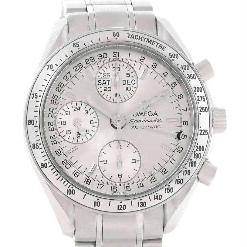 The image shows a close-up, front view of an Omega Speedmaster 3523.30.00 Men
s Stainless Steel Silver Dial 3523.30.00 Men
s Stainless Steel Silver Dial watch, displaying the dial, subdials, and tachymeter bezel.