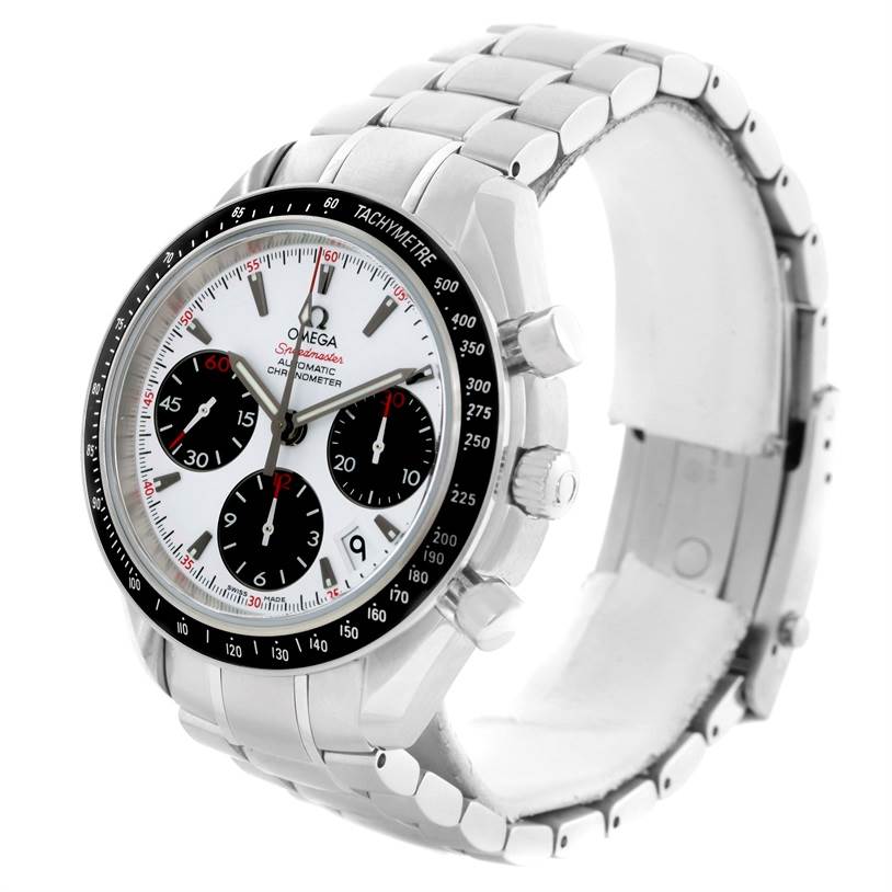 The image shows an angled view of an Omega Speedmaster 323.30.40.40.04.001 Men
s Stainless Steel White Dial 323.30.40.40.04.001 Men
s Stainless Steel White Dial watch, highlighting its face, bezel, and metal bracelet.