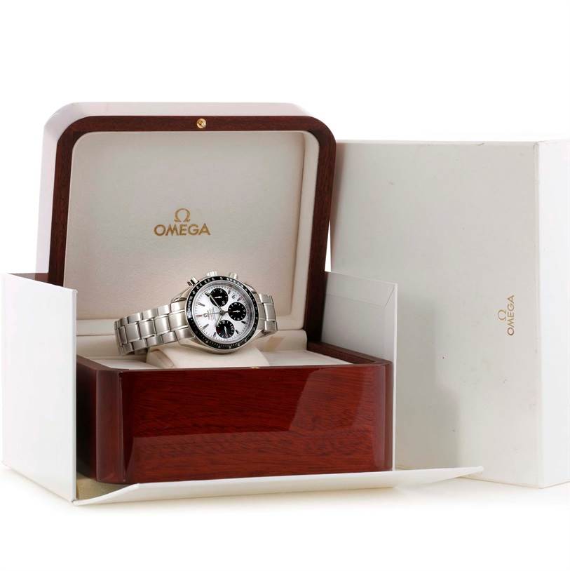 The Omega Speedmaster 323.30.40.40.04.001 Men
s Stainless Steel White Dial 323.30.40.40.04.001 Men
s Stainless Steel White Dial watch is displayed front-facing in an open wooden box with Omega branding visible on the box interior.