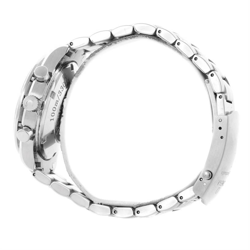 The image shows a side view of an Omega Speedmaster 323.30.40.40.04.001 Men
s Stainless Steel White Dial 323.30.40.40.04.001 Men
s Stainless Steel White Dial watch, highlighting its bracelet, clasp, and side buttons.