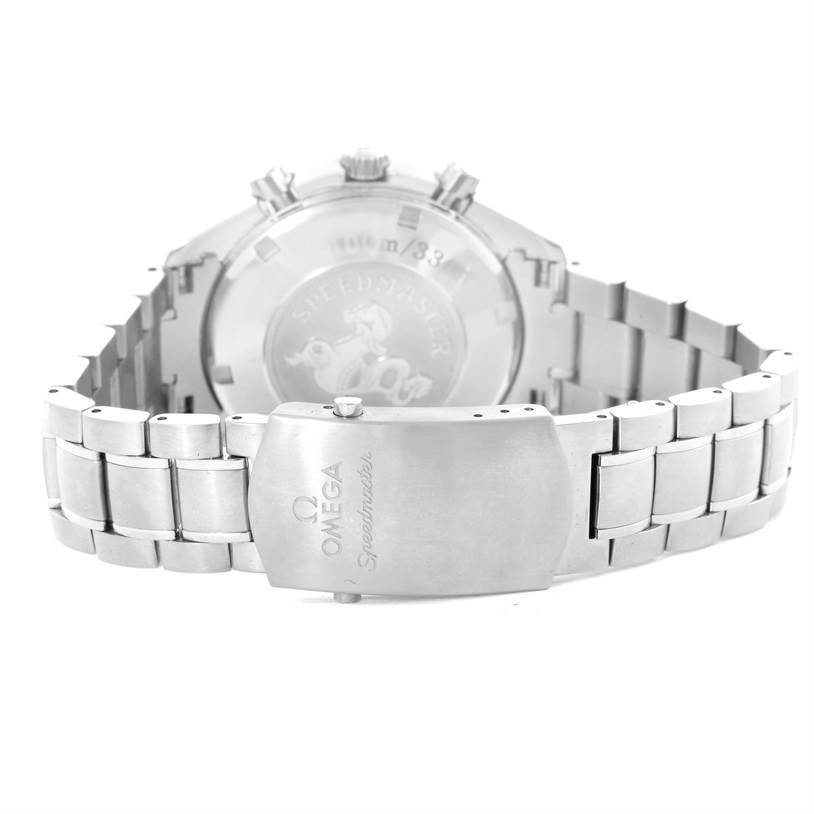 The image shows the back case and clasp of the Omega Speedmaster 323.30.40.40.04.001 Men
s Stainless Steel White Dial 323.30.40.40.04.001 Men
s Stainless Steel White Dial watch from a rear angle.