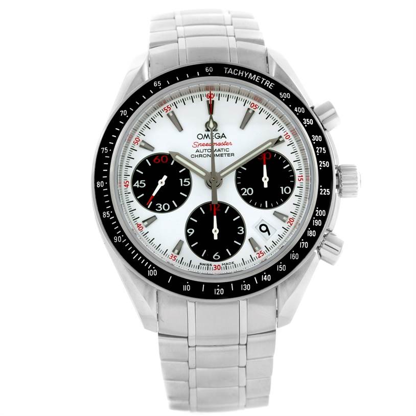 The image shows a front view of the Omega Speedmaster 323.30.40.40.04.001 Men
s Stainless Steel White Dial 323.30.40.40.04.001 Men
s Stainless Steel White Dial watch, highlighting its bezel, dial, subdials, and stainless steel bracelet.
